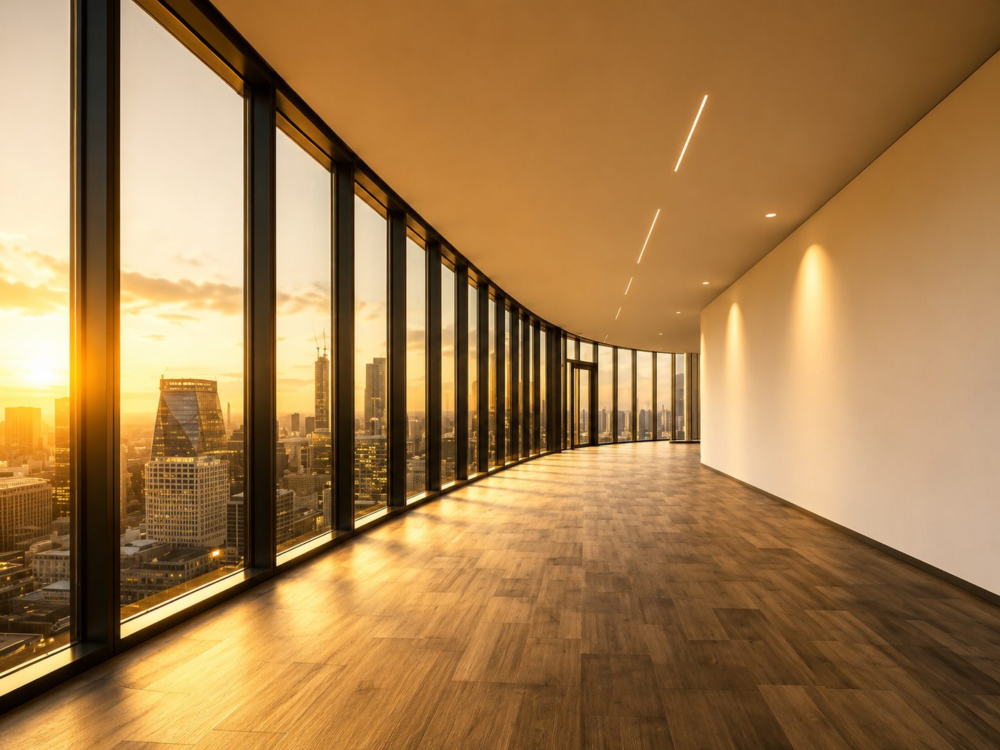 Floor-to-ceiling windows overlooking a city skyline at sunset